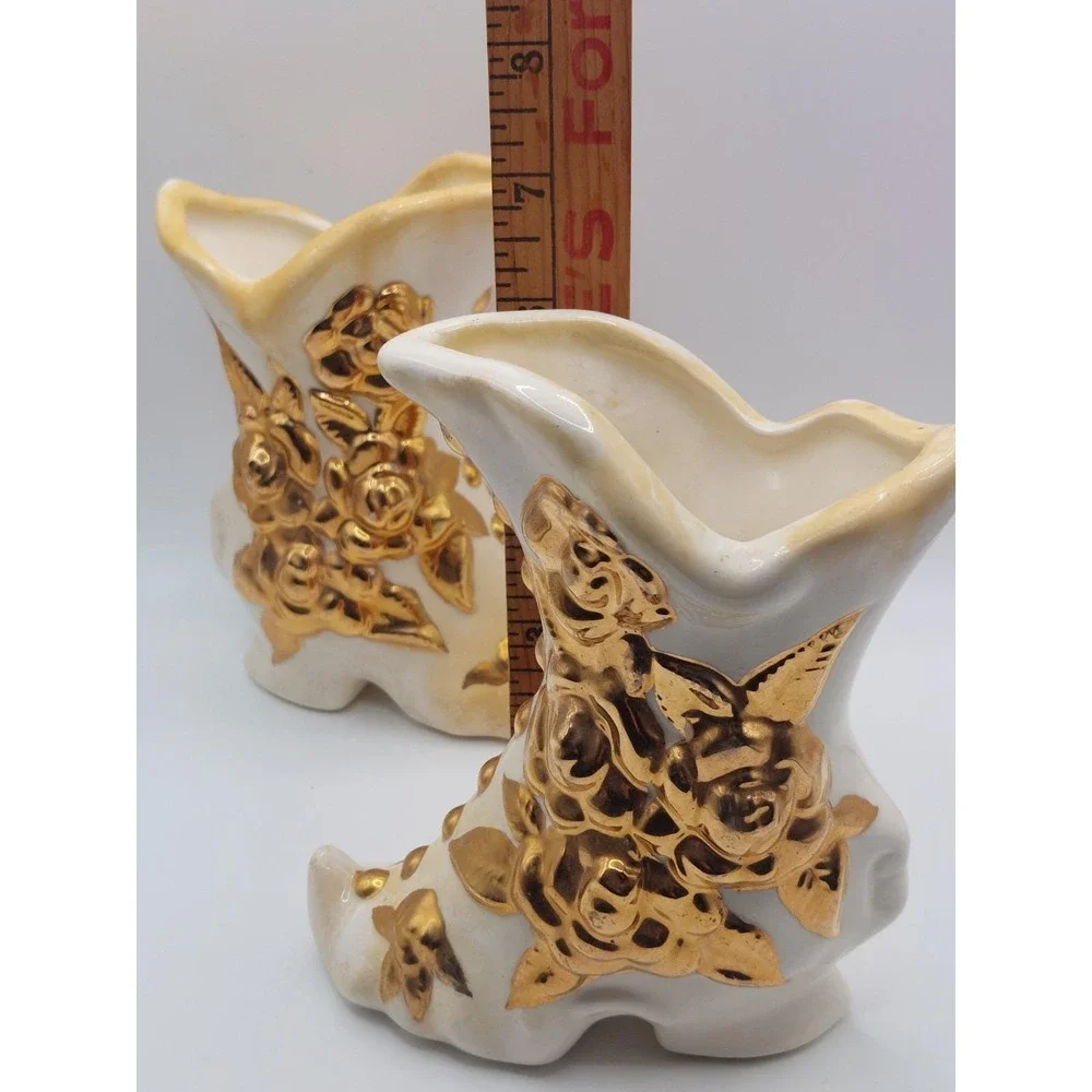 Vintage White Gold Ceramic Boot Planter Pair Rose Floral Shabby Chic Victorian
